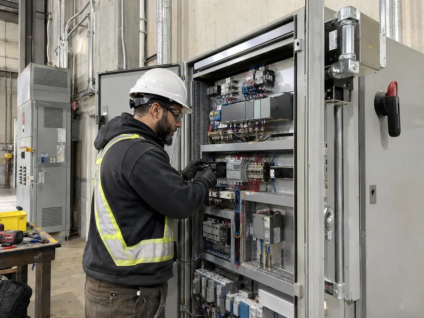 Industrial electrician Markham servicing a motor control panel in a factory