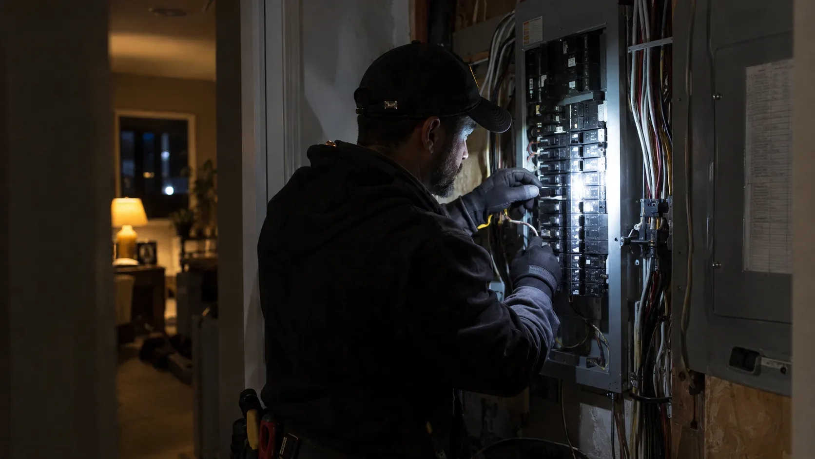 Emergency electrician Markham restoring power at an electrical panel at night